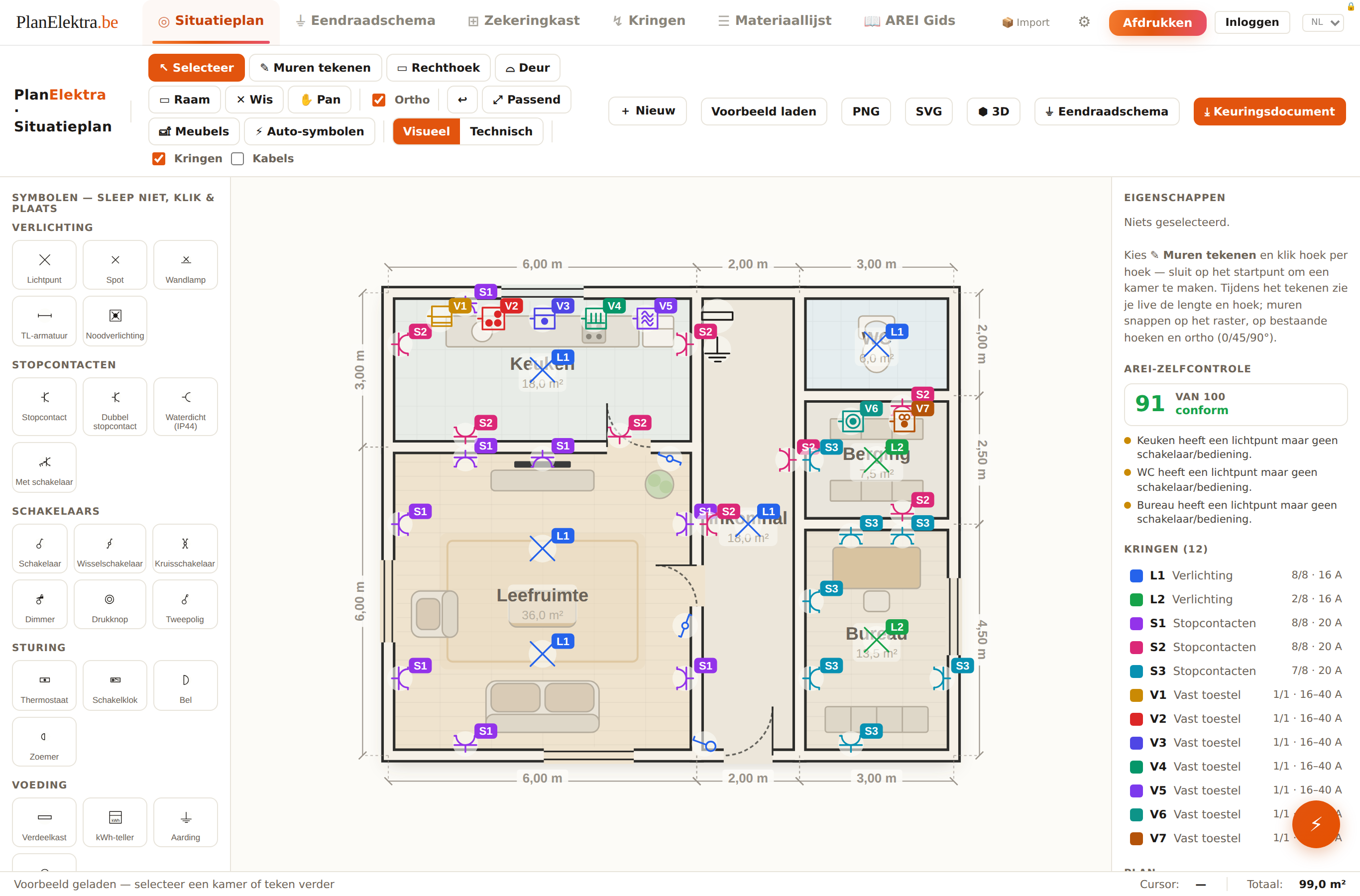 Situatieplan in PlanElektra met kamers, symbolen en de live AREI-score