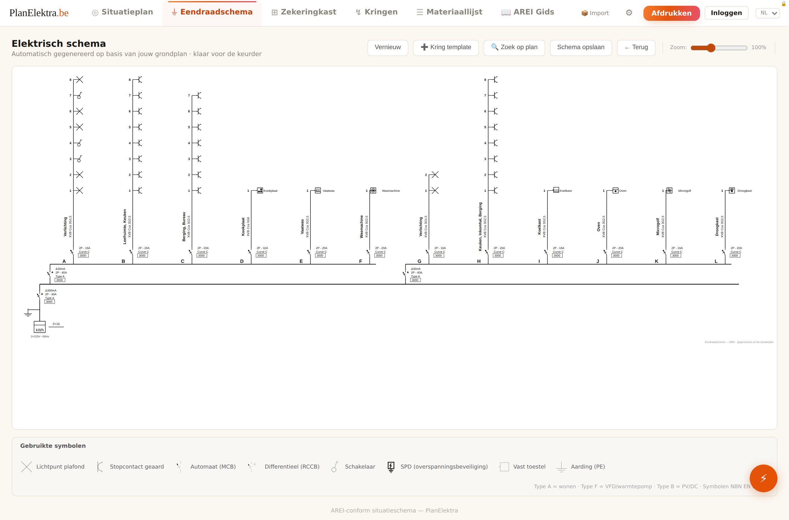 Automatisch gemaakt eendraadschema met kringen A tot L en een symbolenlegende