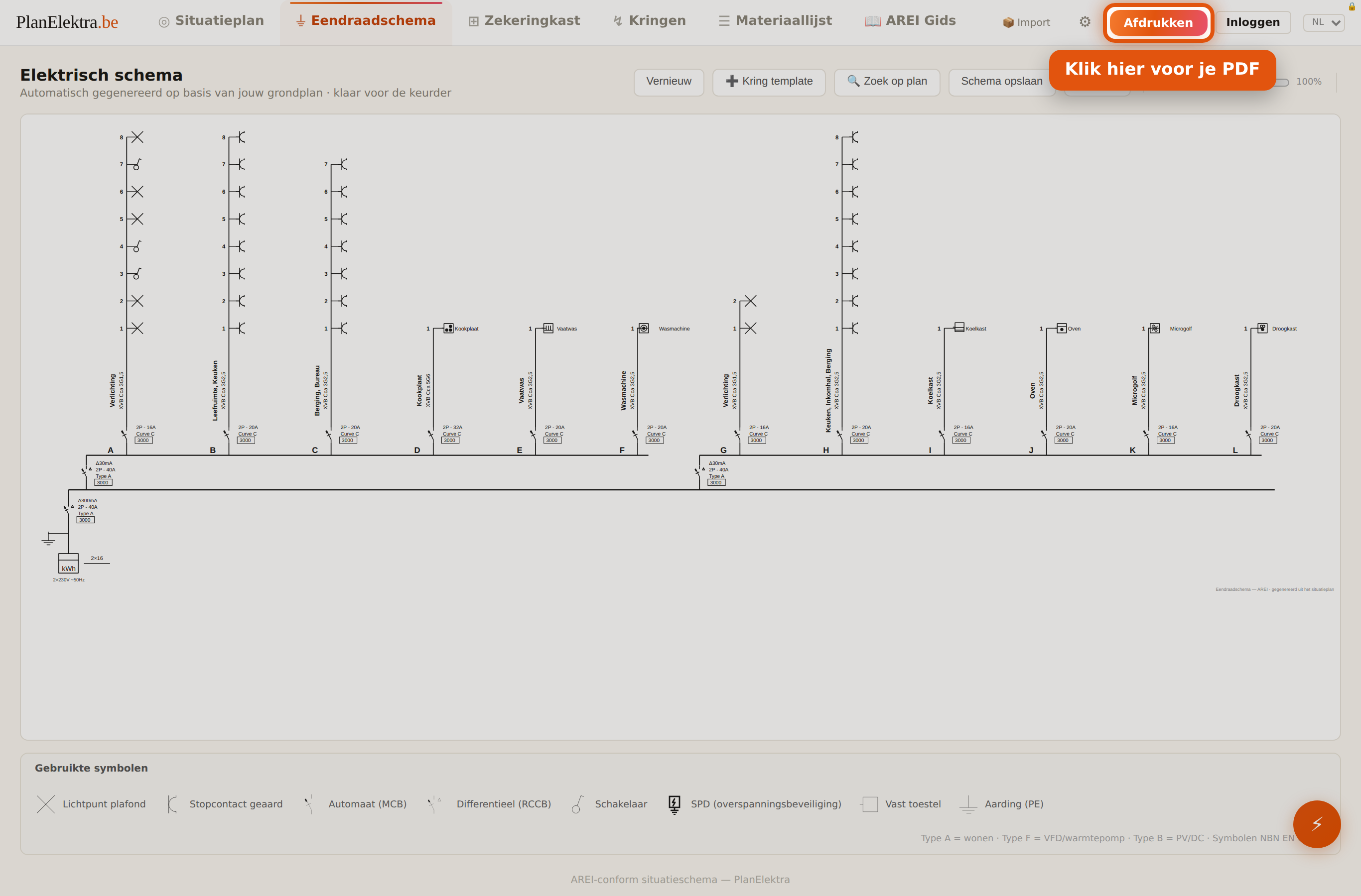 De Afdrukken-knop rechtsboven in PlanElektra, gemarkeerd met Klik hier voor je PDF