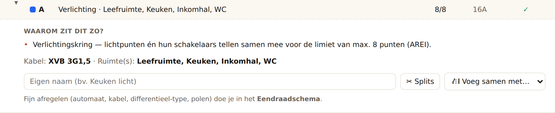 Een opengeklikte kring met de uitleg 'Waarom zit dit zo?' en knoppen om te hernoemen, splitsen of samenvoegen